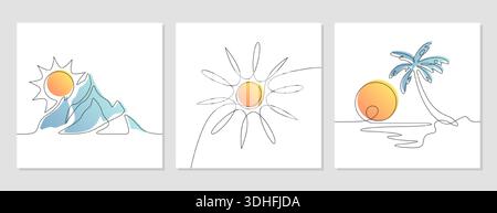 Vektor-Kritzelung durchgehende einzeilige Kunstzeichnung von Berg, Sonne, Meer und Insel mit Palme. Minimalistische, lineare Sommersilhouetten. Einzelne dünne Konturen von Wettersymbolen oder Naturelementen Poster, Banner Stock Vektor