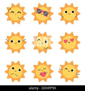 Sammlung von Sonnen mit verschiedenen Emotionen. Isoliert auf schwarzem Hintergrund. Vektorabbildung in abgewickelter Form. Stock Vektor