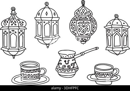 Marokkanische Ramadan-Laternen, Arabische Coffee Line Kunstset. Isoliert auf Hintergrund. Islamische Dekorationselemente. Fanous Dallah. Schwarz-weiß-Kontur Stock Vektor