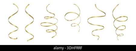 Vector 3D Gold Ribbon Curl Set, isoliert. Bänder aus Metallic Gold für Partydekorationen. Goldene Ribbon-Konfetti-Drallelemente. Feiern Stock Vektor