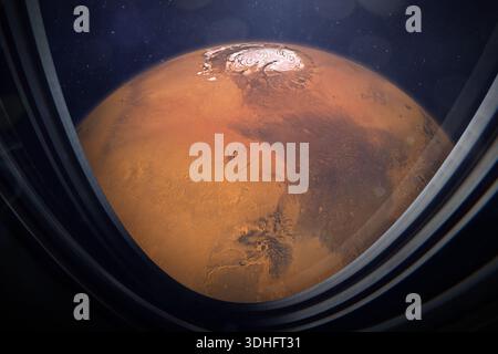 Mars im Raumschiff-Bullauge. Mars-Erkundungs- und Kolonisierungskonzept. Mission zum Roten Planeten Mars. Diese Bildelemente wurden von der NASA bereitgestellt. Stockfoto