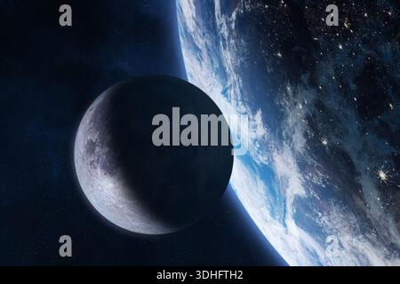 Erde und Mond im Weltraum. Der Mond im Vordergrund und die Erde im Hintergrund bei Nacht, mit leuchtenden Lichtern der Stadt. Diese Elemente wurden von der NASA bereitgestellt. Stockfoto