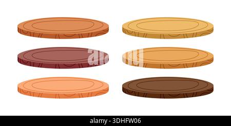 Vektor Cartoon Holzscheibe Podium Set. Podium Für Holzscheiben. Runde Holzplattformen mit Baumringstruktur für Produktpräsentation, kosmetisch Stock Vektor