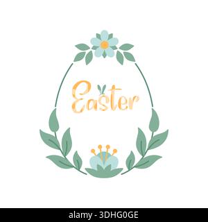 Eierrahmen mit Osterblumen und Blütenblättern. Niedlicher Frühlingsstrauß Feiertags-Dekor-Design für Grußkarten, Einladung. Festliche Osterschrift im Botanischen Wreath. Vektorabbildung Stock Vektor