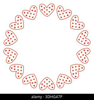 Skurrile Vektor-Illustration eines kreisförmigen Rahmens aus dekorativen Volksherzen. Niedliches handgezeichnetes Doodle-Design in Rot und weiß, perfekt für Stock Vektor