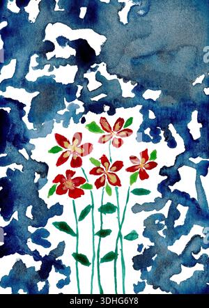 Aquarellmalerei von schönen Blumen auf abstraktem blauem Hintergrund Stockfoto