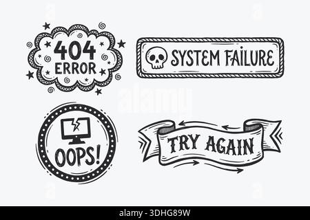 Vintage Doodle Set von Fehlermeldungen: 404, Systemfehler, Hoppla, versuchen Sie es erneut Stock Vektor