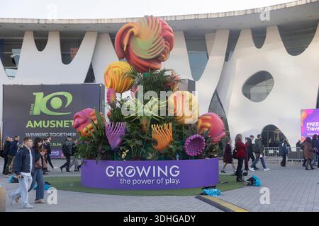 Barcelona, Spanien. Januar 2026. Der Haupteingang von Fira de Barcelona mit Logos am dritten Tag des ICE Barcelona 2026, internationale Kasino-Ausstellung in der Fira de Barcelona. Quelle: SOPA Images Limited/Alamy Live News Stockfoto