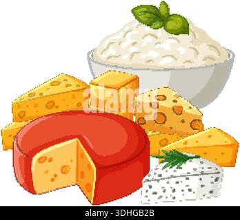 Vektor-Illustration verschiedener Käsesorten, Keile und Ricotta-Schüssel auf weißem Hintergrund Stock Vektor