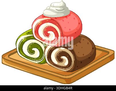 Vektor-Illustration von Erdbeeren, Matcha und Schokolade schweizer Rollen gestapelt auf einem hölzernen Serviertablett Stock Vektor