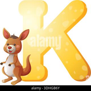 Niedlicher Känguru-Charakter neben kühlem gelbem Buchstaben K, verspielter Vektor-Zeichentrickstil, weißer Hintergrund Stock Vektor