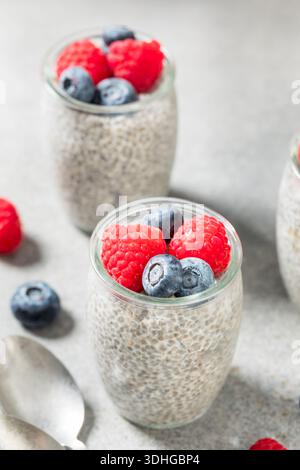 Süßer gesunder Chiasamen-Pudding mit Mandelmilch und Beeren Stockfoto