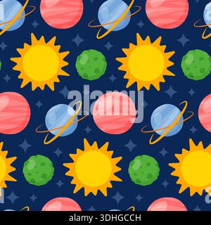 Kosmische nahtlose Muster mit Sonnen, Planeten, Sternen. Leerraum. Stock Vektor