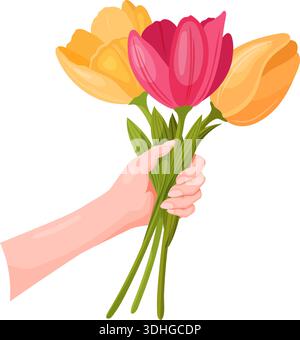 Die Hand hält einen Strauß wunderschöner Tulpen Stock Vektor
