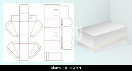 Schachtelverpackung Stanzschablone Design 3D-Modell White Product Packaging Box mit Goldstreifen und Dieline-Vorlagen für Bäckereien Stock Vektor