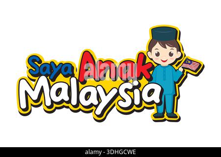 Niedlicher Malay Boy Cartoon mit traditionellem Baju Melayu mit malaysischer Flagge und Saya Anak Malaysia Schriftzug. Perfekt für Merdeka, Malaysia Day Stock Vektor