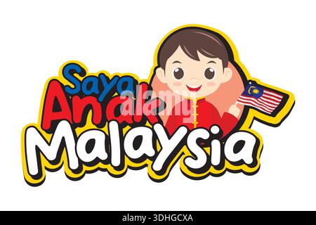 Süßer chinesischer malaysischer Junge in traditionellem chinesischem Outfit, der malaysische Flagge hält mit Saya Anak Malaysia Text. Geeignet für Merdeka, Malaysia Day Stock Vektor