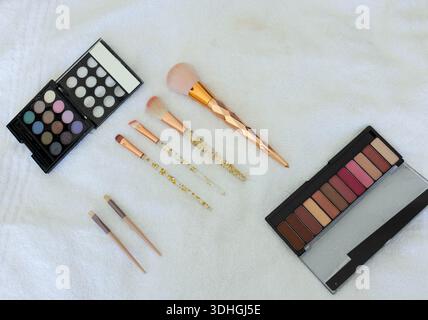 Pinsel aus Roségold und Pinsel aus Goldflecken liegen auf einem weißen Handtuch mit Paletten Stockfoto