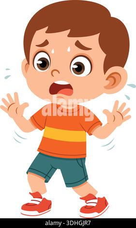 Flache Illustration eines verängstigten Jungen, der mit einem furchtbaren Ausdruck rückwärts geht. Stock Vektor