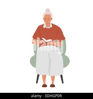 Großmutter mit grauen Haaren, die auf einem gepolsterten Stuhl sitzt und ein Buch liest. Das gewöhnliche Leben der Rentner. Vektorabbildung Stock Vektor