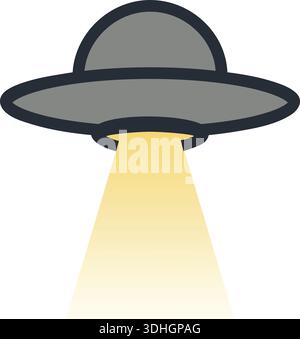 Einfache fliegende Untertasse, die schwebt und einen Lichtkegel nach unten wirft Stock Vektor