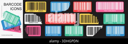 Buntes Barcode-Symbol-Set mit abgerundeten Aufklebern und abgerissenen Etikettenformen. Gefälschte Produktetiketten mit Nummern zum Scannen und Identifizieren von Produkten Stock Vektor