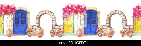 Nahtlose Grenze mit griechischen architektonischen Elementen auf isoliertem Hintergrund. Aquarellillustration mit hellen Türen, Steinbogen und rosa Blumen innen Stockfoto