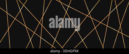 Chaotisches diagonales Goldlinienmuster auf dunklem Luxus-Hintergrund. Abstrakte geometrische Textur von zufälligen Geraden und Dreiecken Stock Vektor