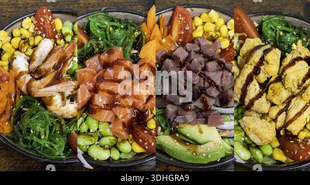 Mehrere frische Poke Schüsseln mit Lachs, Thunfisch, Garnelen und Huhn mit verschiedenen Gemüsesorten Stockfoto