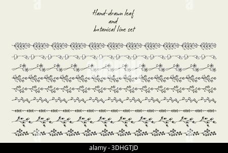 Eine Kollektion handgezeichneter botanischer Blattlinien mit einem klaren, organischen Gefühl, perfekt für Rahmen, Akzente und natürliche Designs. Stock Vektor