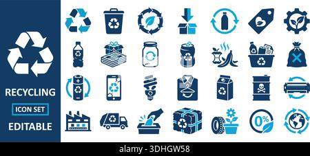 Eine Vielzahl von Recycling-Symbolen, die umweltfreundliche Konzepte repräsentieren. Perfekt für Umwelt-, Nachhaltigkeitsprojekte und digitale Konstruktionen. Stock Vektor