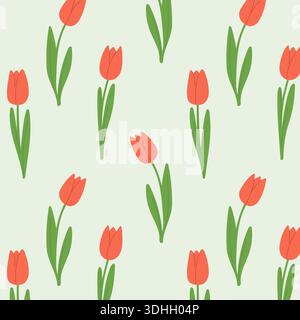 Frühlingsgarten mit schönen roten Tulpen, nahtlosem Muster von Frühlingsblumen. Schönheit und Naturfeier. Vektorabbildung Stock Vektor