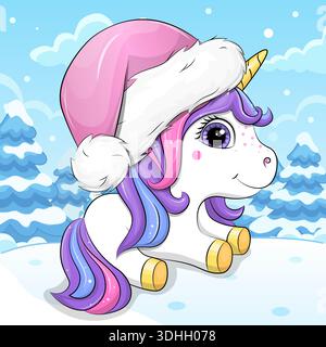 Niedliches Zeichentrickunicorn mit Hut und Eis im Winter. Vektor-Illustration des Tieres in der Natur auf einem blauen Hintergrund mit Schnee. Stock Vektor