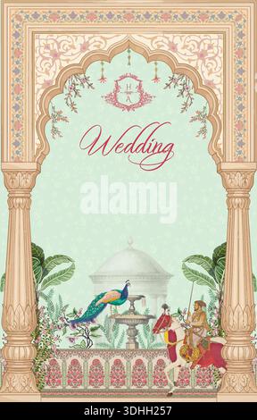 Traditionelles indisches Hochzeitskartendesign mit Maharaja auf Pferd Stock Vektor