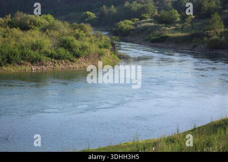 Sanft geschwungener Fluss, der durch üppige grüne Hügel mit dichter Vegetation und ruhiger Wasseroberfläche in natürlichem Licht fließt Stockfoto