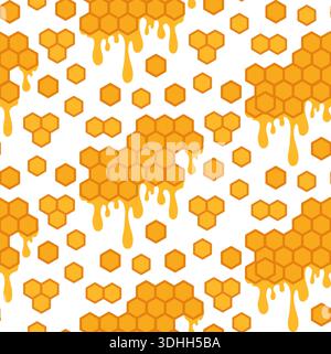Nahtloses Vektor-Muster mit Waben und Honig auf weißem Hintergrund. Zeichentricktextur mit Sechseck- und Honigtropfen für Tapeten und Geschenkpapier Stock Vektor