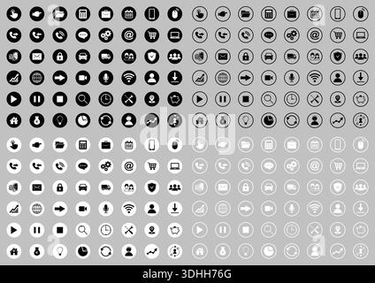 Schwarz-weiß-Satz von Web-Symbolen für Unternehmen, Finanzen und Kommunikation auf grauem Hintergrund Stock Vektor