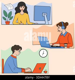 Flache Abbildung eines Remote-Teams, das von zu Hause aus online arbeitet Stock Vektor