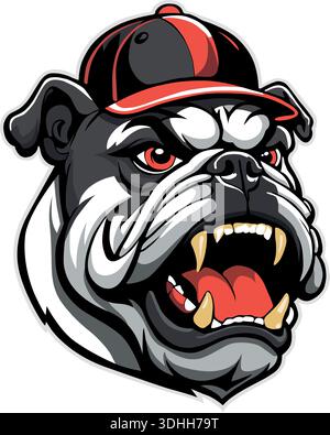 Bulldog Maskottchenkopf mit rotem Hut, markanten Zähnen und heftigem Ausdruck. Stock Vektor