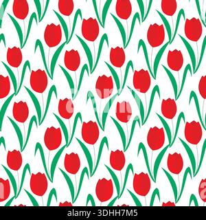 Die Plantage roter Tulpen erzeugt ein nahtloses Muster. Hintergrund mit Gartenblumenknospen. Frühlingsdruck mit Blumenmuster für Textilien, Papier, Verpackung und Design Stock Vektor