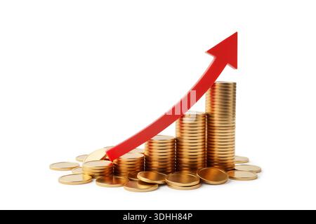 3D-Darstellung von Stapeln goldener Münzen, angeordnet in einem steigenden Balkendiagramm-Format mit einem roten Pfeil nach oben, um wirtschaftlichen Erfolg, Gewinn zu symbolisieren Stockfoto