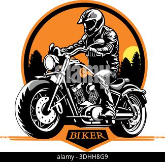 Stilisierte Illustration eines Motorradfahrers, der einen Helm trägt, der ein maßgeschneidertes Motorrad fährt, in Schwarz-weiß auf orangefarbenem Hintergrund mit einer Settin gerendert Stock Vektor