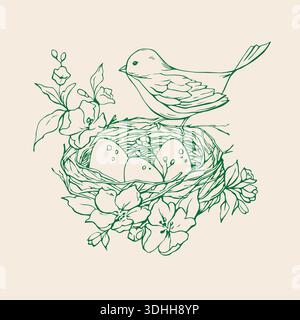 Frühlingsskizze mit Vogel im Nest mit Eiern Stock Vektor