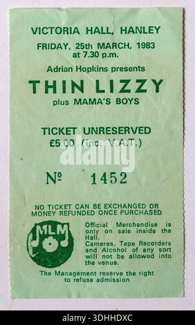 Altes 1980 Konzert-Ticket für die Rockband THIN LIZZY in der Victoria Hall Hanley am 25. MÄRZ 1983 Stockfoto
