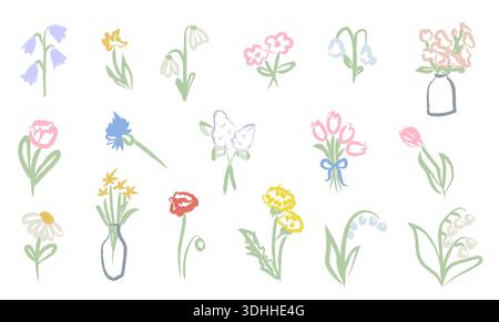 Handgezeichnete Frühlingsblumenkollektion mit weichen Pastellfarben. Einfaches florales Doodle-Set in Buntstift-Textur für Grußkarten, Verpackungen und Kinderzimmer Stock Vektor