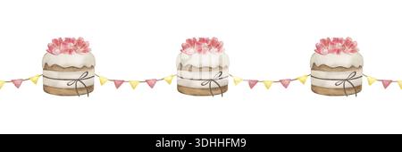 Nahtlose Osterkante mit festlicher Osterkuche in weißer Glasur und rosa Tulpenblüten, verziert mit einer Flaggengirlande. Die Aquarellabbildung Stockfoto