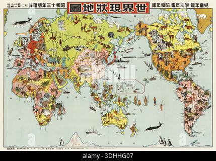 Diese von Bunzō Shimura erstellte japanische Bildkarte der Welt aus dem Jahr 1938 bietet eine lebendige und detaillierte Momentaufnahme der globalen Geographie und Kultur. Für Kinder konzipiert, zeigt es skurrile Illustrationen von Tieren, Menschen und Wahrzeichen, die für verschiedene Regionen auf den Kontinenten und Ozeanen charakteristisch sind. Stockfoto