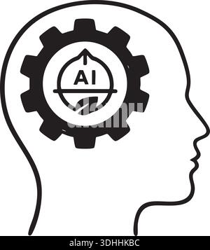 Diese minimalistische Vektor-Illustration zeigt eine menschliche Kopfsilhouette, die mit einem Zahnrad- und Blattsymbol integriert ist und ethische künstliche Intelligenz repräsentiert Stock Vektor