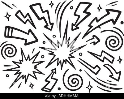 Eine vielseitige Kollektion handgezeichneter Doodle-Elemente wie Pfeile, Blitzschläge und Comic-Bursts für dynamische Grafikprojekte. Th Stock Vektor