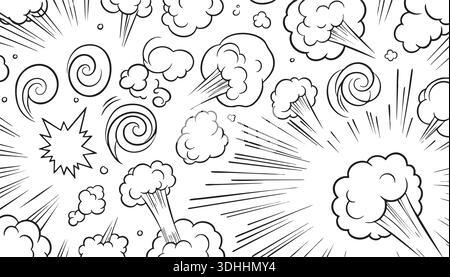 Eine umfassende Sammlung handgezeichneter Comic-Formen, einschließlich Explosionen, Rauchwolken und Geschwindigkeitslinien. Diese sauberen Schwarz-weiß-D Stock Vektor